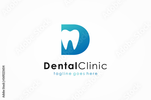 Dental Clinic Logo. Blue Shape Initial Letter D with Negative Space Tooth Symbol inside. Usable for Dentist, Healthcare and Medical Logos. Flat Vector Logo Design Template Element