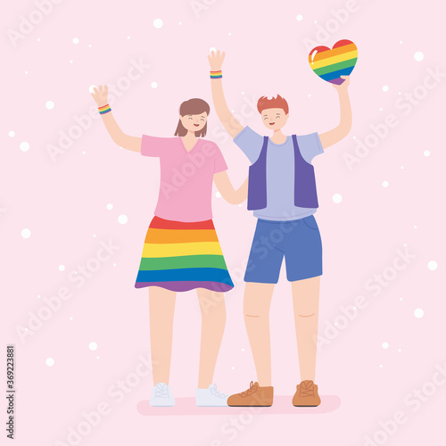 LGBTQ community, happy man and woman with rainbow heart, gay parade sexual discrimination protest