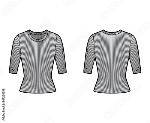 Ribbed crew neck knit sweater technical fashion illustration with short rib sleeves, tunic length. Flat outwear apparel template front, back grey color. Women, men, unisex shirt top CAD mockup