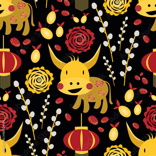 Vector Chinese new year of the ox seamless pattern background. Backdrop of cute gold kawaii bull, lanterns, paper cut peonies, pomelo and jujubu fruit, pussy willow branches. Calendar symbol of 2021.