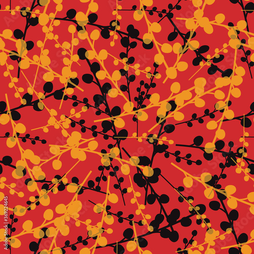 Vector Chinese new year seamless floral pattern background. Elegant silhouette pussy willow branches red, gold, black backdrop. Hand drawn illustration. Texture all over print for celebration concept.