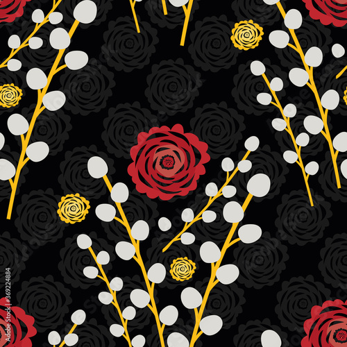 Vector Chinese new year seamless floral pattern background. Beautiful bouquet of lucky gold red paper cut out peony flowers and pussy willow branches on black backdrop. All over print for celebration.