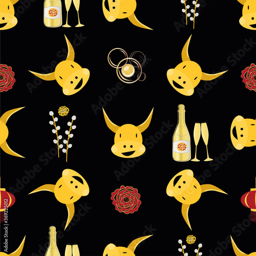 Vector Chinese new year of the ox seamless pattern background. Backdrop of cute gold kawaii bull, champagne bottles, glasses, bubbles, pussy willow and paper cut out peonies. Calendar symbol of 2021.