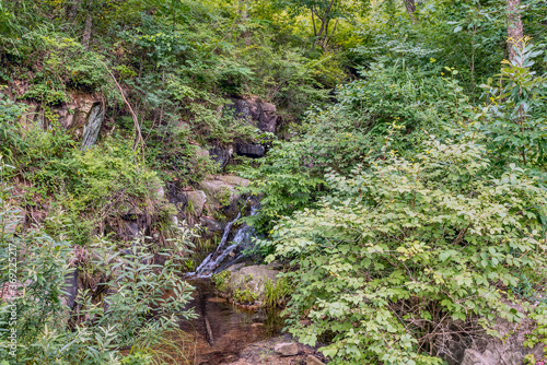 Small mountain stream flowing over boulders