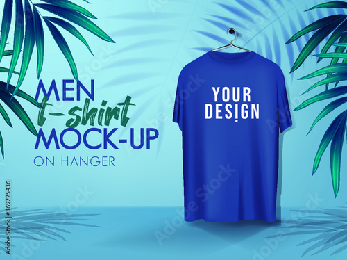 Men's basic t-shirts mockup set with wood and metal hanger. T-shirt designs, promotional souvenirs design for corporate identity. 