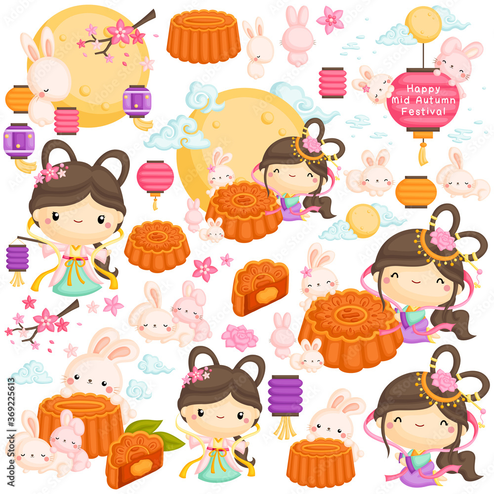 A Vector Set of The Chinese Goddess and Mooncake with some Rabbits under the Moonlight - obrazy, fototapety, plakaty 