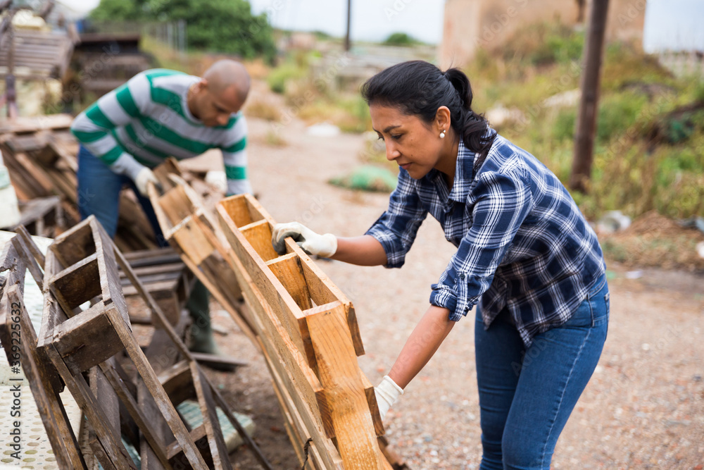 Adult latin american woman working in backyard, arranging wooden pallets