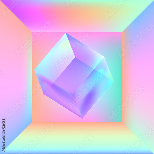 Empty room with floating translucent cube at the centre. Surreal illustration in vibrant holographic color tones.