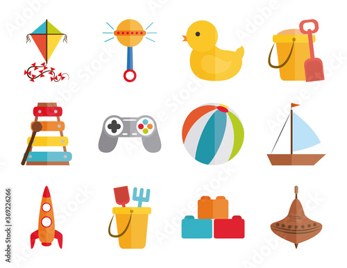 cartoon toy kite rattle duck ball boat rocket, object for small children to play, flat style icons set