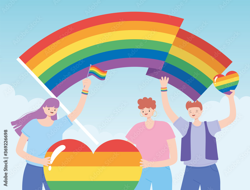 Fototapeta premium LGBTQ community, characters holding rainbow heart and flags, gay parade sexual discrimination protest