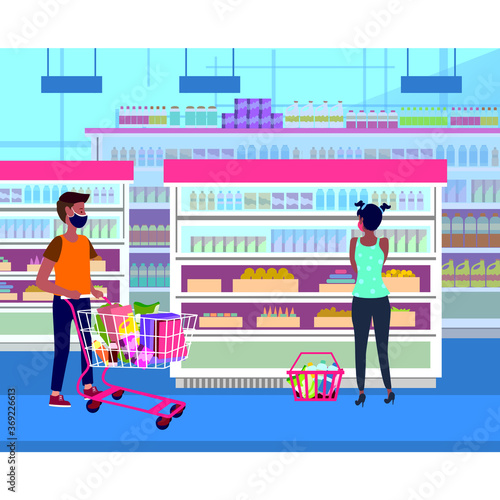 peoples are keeping their distance while shopping at groceries shop