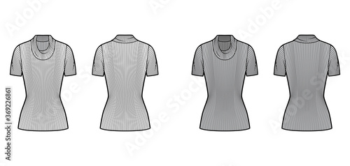 Ribbed cowl turtleneck knit sweater technical fashion illustration with short rib sleeves, tunic length. Flat outwear apparel template front, back white grey color. Women, men, unisex shirt top CAD