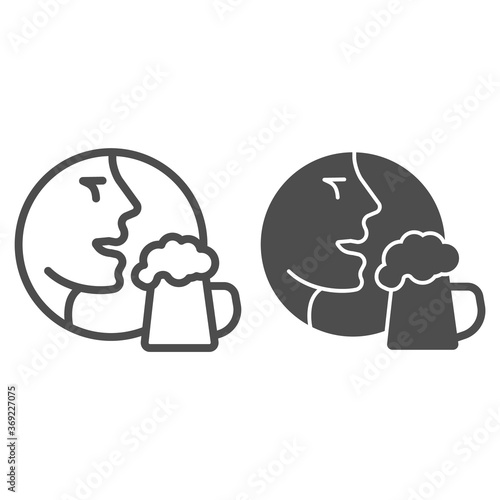Man face with beer mug line and solid icon, Craft beer concept, Person with glass sign on white background, Human head with beer icon in outline style for mobile concept, web design. Vector graphics.