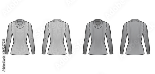 Ribbed cowl turtleneck knit sweater technical fashion illustration with long sleeves, close shape, tunic length. Flat sweater apparel template front back white grey color. Women men unisex shirt top