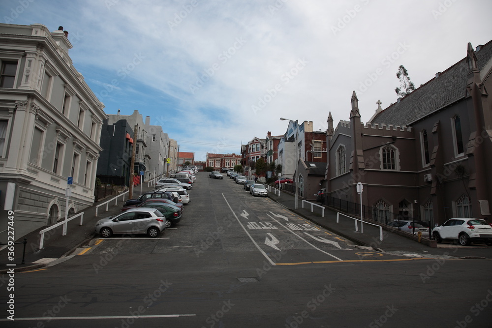 Winter view of Dunedin city center residential houses in the South Island of New Zealand
