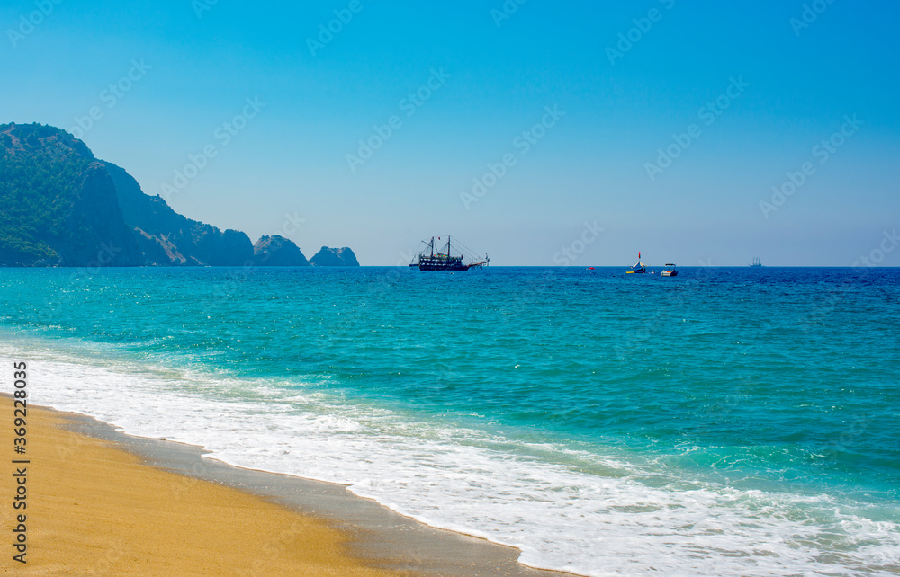 
panorama of cleopatra beach in Alanya with blue sea and clean sand
