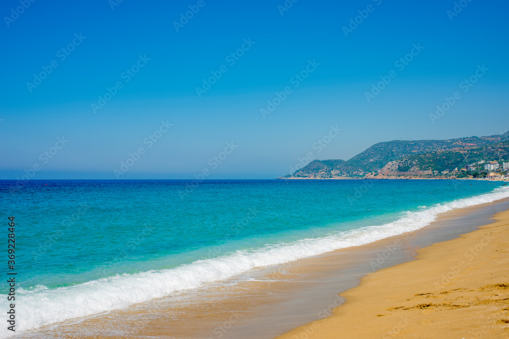 
panorama of cleopatra beach in Alanya with blue sea and clean sand
