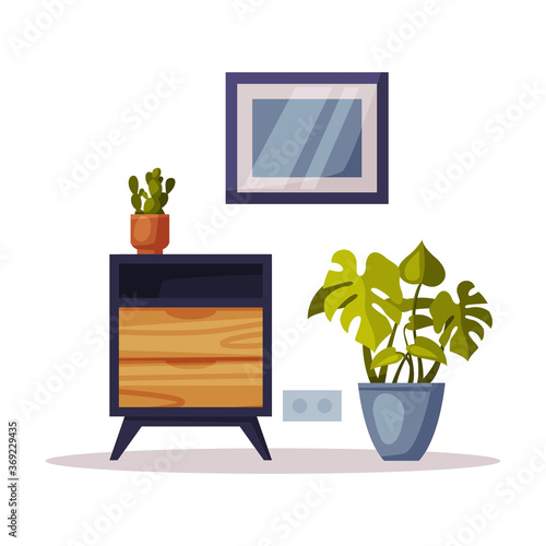 Wooden Chest of Drawers, Potted Houseplant and Picture on Wall, Cozy Room Interior Design, Comfy Furniture and Home Decoration Accessories Vector Illustration