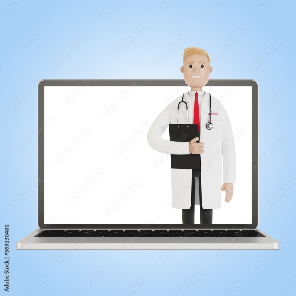 Laptop screen with male doctor. Online health insurance concept. The doctor holds the contract. 3D illustration in cartoon style.