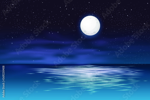 The ocean or sea. Sky with clouds and reflection of light in the water surface, romantic fantasy on the background of a natural scene. Cartoon vector illustration