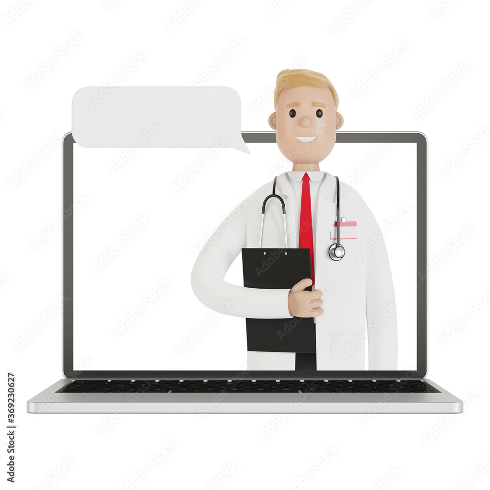 Laptop screen with male doctor. Online health insurance concept. The doctor holds the contract. 3D illustration in cartoon style. Laptop screen with male doctor. Online health insurance concept. The doctor holds the contract. 3D illustration in cartoon style.