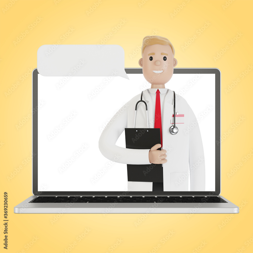 Laptop screen with male doctor. Online health insurance concept. The doctor holds the contract. 3D illustration in cartoon style. Laptop screen with male doctor. Online health insurance concept. The doctor holds the contract. 3D illustration in cartoon style.