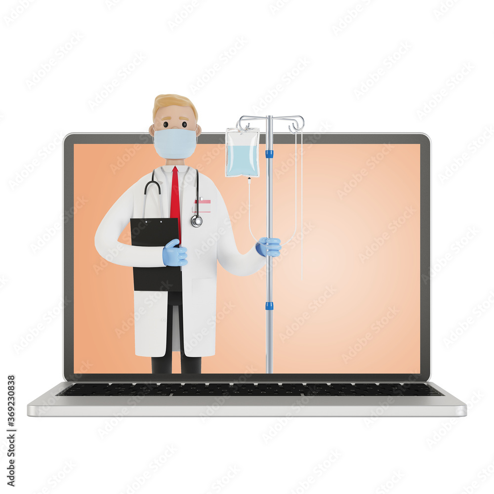 Doctor with dropper on the laptop screen. Toxicology, intoxication, decontamination. Internet doctor. 3D illustration in cartoon style. Doctor with dropper on the laptop screen. Toxicology, intoxication, decontamination. Internet doctor. 3D illustration in cartoon style.