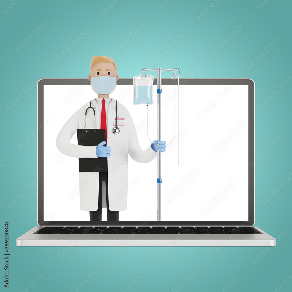 Doctor with dropper on the laptop screen. Toxicology, intoxication, decontamination. Internet doctor. 3D illustration in cartoon style.