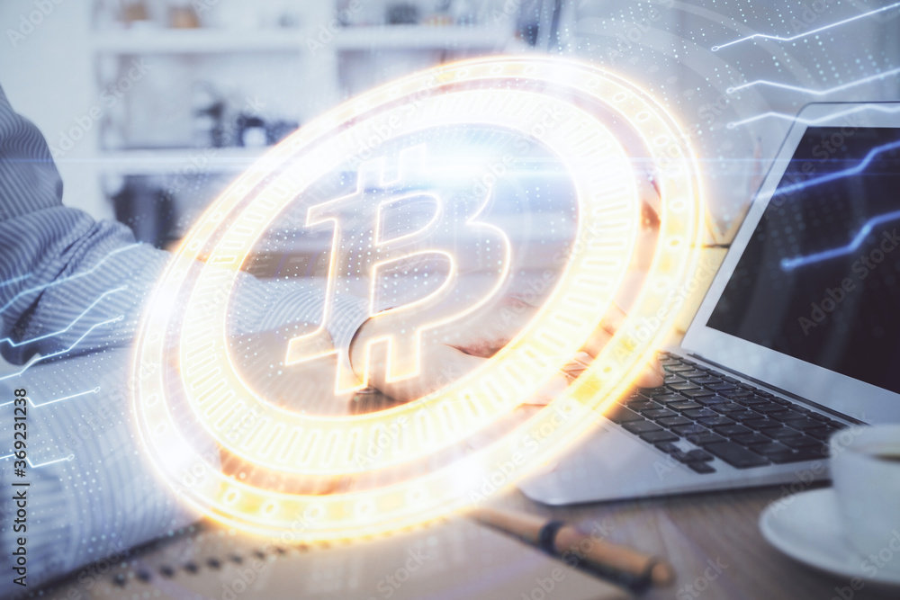 Blockchain theme hud with man working on computer on background. Concept of crypto chain. Double exposure. Blockchain theme hud with man working on computer on background. Concept of crypto chain. Double exposure.