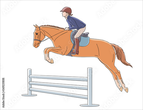 Young rider is learning on a pony show jumping