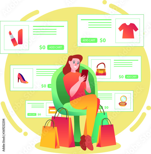 A woman buy her needs via woman online shop illustration
