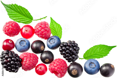 mix of blueberry, blackberry, cranberry, raspberry with leaves isolated on white background. top view