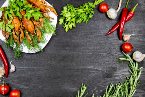 Cooking food background with free space for text. Composition with crayfish, rosemary, pepper, garlic, tomatoes, dill, parsley. Top view with copy space