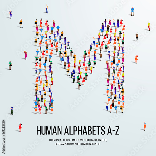 large group of people form to create capital letter M. clean vector people alphabet or people font. letter or alphabet M.