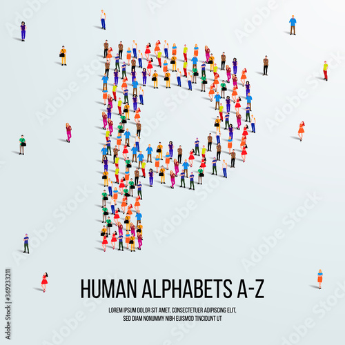 large group of people form to create capital letter P. clean vector people alphabet or people font. letter or alphabet P.