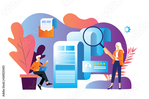 concept of man working on laptop and female hold a big loop to review a resume for recruitment for job 