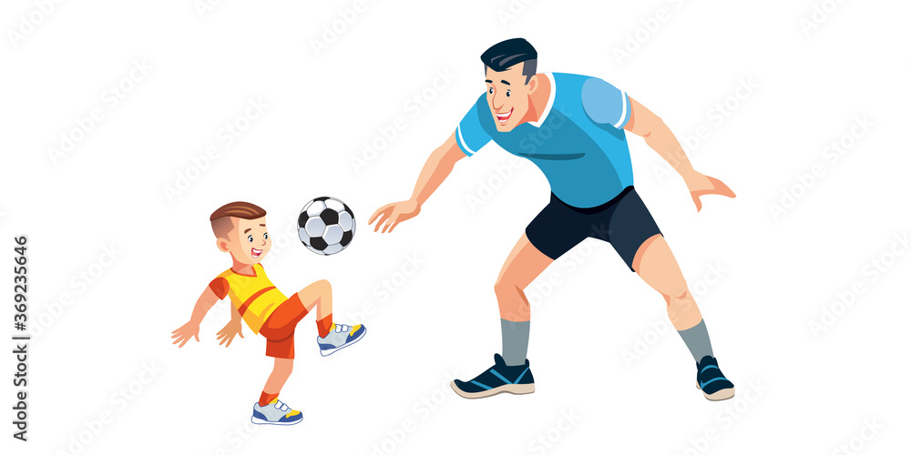 Boy and his father playing football on playground. Fatherhood concept. Joyful father playing with his little kid. Cute cartoon characters isolated on white background. Colorful vector illustration.