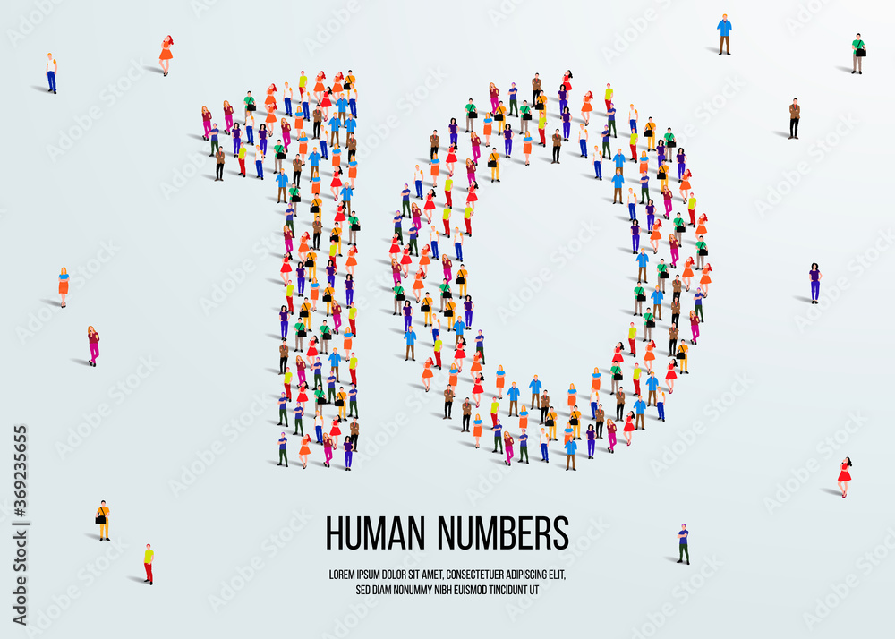 large group of people form to create number 10 or ten. people font or number. vector illustration of number 10. large group of people form to create number 10 or ten. people font or number. vector illustration of number 10.