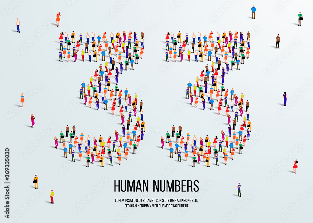 large group of people form to create number 33 or thirty three. people font or number. vector illustration of number 33. large group of people form to create number 33 or thirty three. people font or number. vector illustration of number 33.