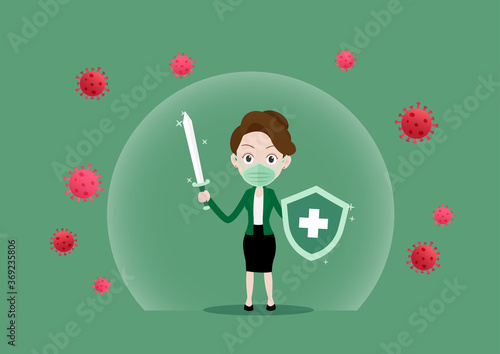 Businesswoman in medical face mask holding sword and shield in the dome of armor that prevents new coronavirus COVID-19, Fight virus concept