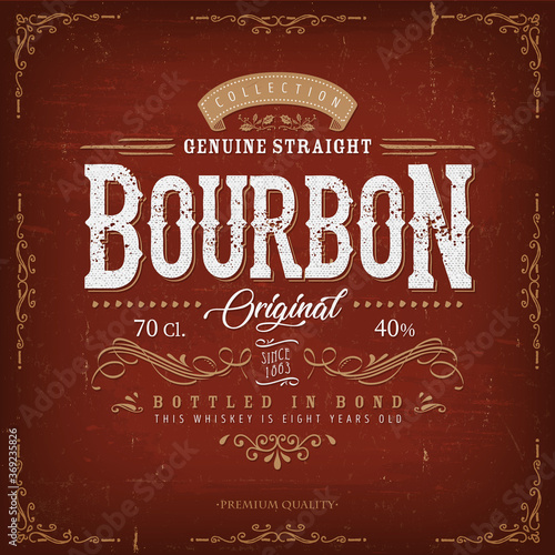 Vintage Bourbon Label For Bottle/ Illustration of a vintage design elegant whisky label, with crafted lettering, specific product mentions, textures and celtic patterns, on blue and gold background photo