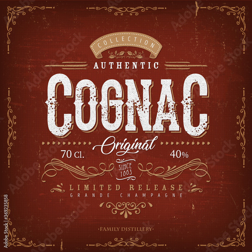 Vintage Cognac Label For Bottle/ Illustration of a vintage design elegant french cognac label, with crafted lettering, specific product mentions, textures and hand drawn patterns