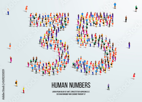 large group of people form to create number 35 or thirty five. people font or number. vector illustration of number 35.