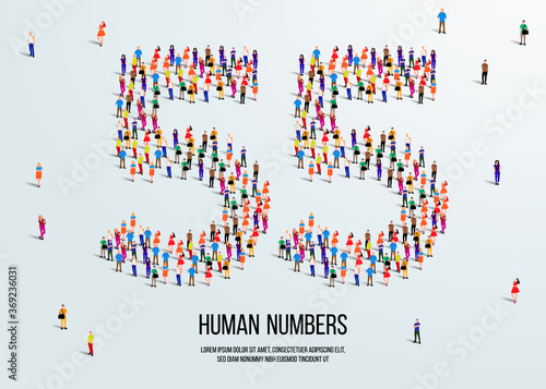 large group of people form to create number 55 or fifty five. people font or number. vector illustration of number 55.
