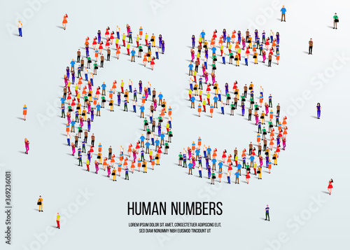 large group of people form to create number 65 or sixty five. people font or number. vector illustration of number 65.