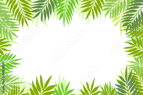 Floral frame with colorful exotic branches on white background. Ornate border with tropic leaves. Vector stock illustration for wallpaper, posters, card. Doodle style. Copy space.