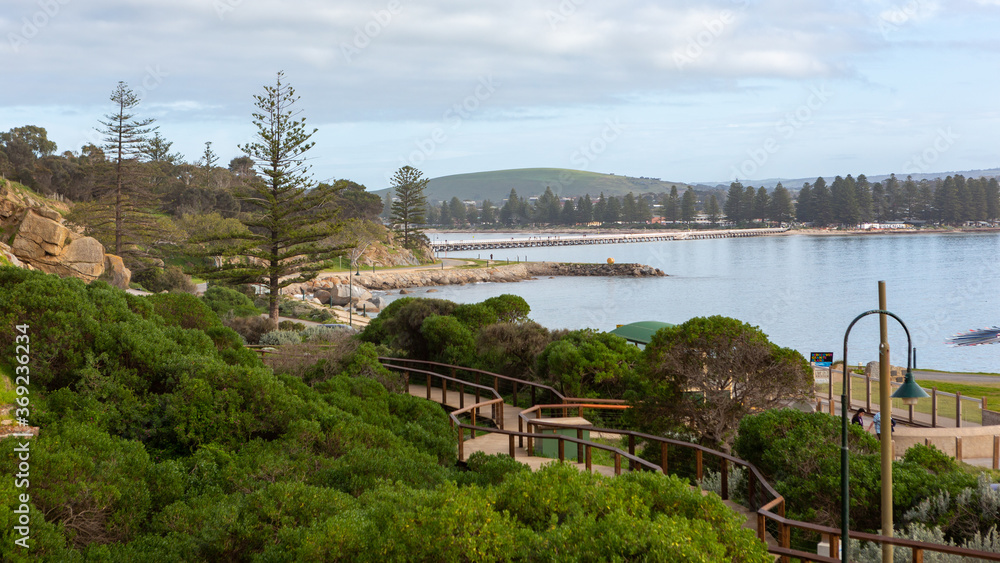 The wooden boardwalk on Granite Island looking back to  Victor Harbor South Australia on August 3 2020