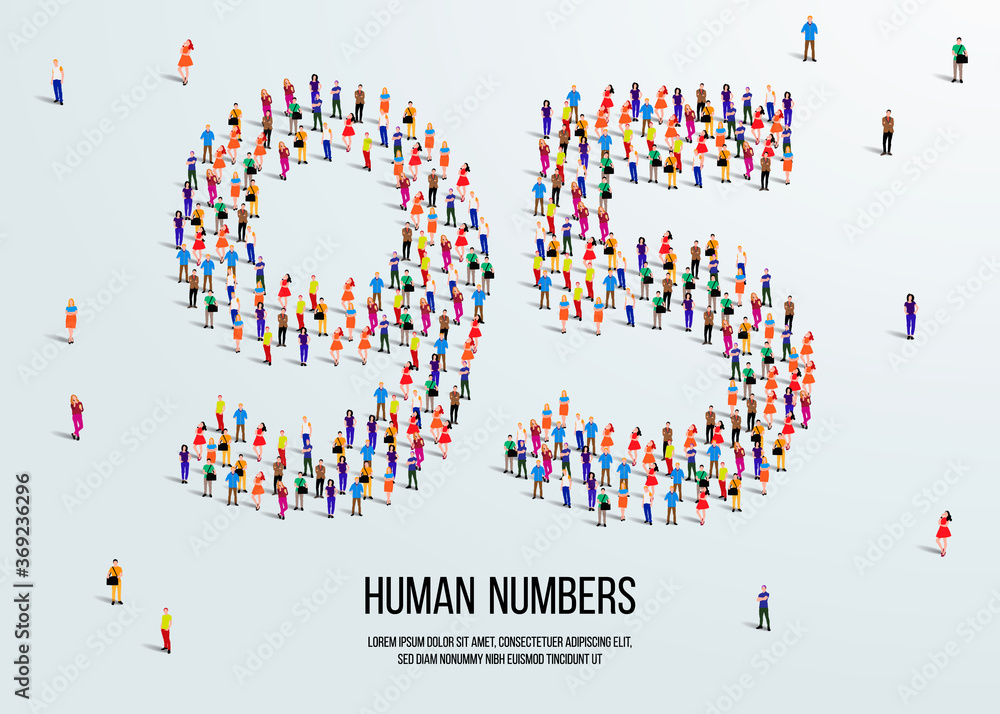large group of people form to create number 95 or ninety five. people font or number. vector illustration of number 95. large group of people form to create number 95 or ninety five. people font or number. vector illustration of number 95.