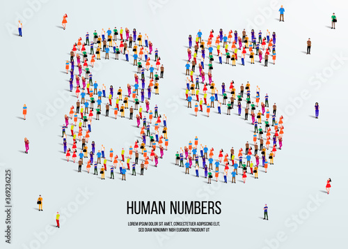 large group of people form to create number 85 or eighty five. people font or number. vector illustration of number 85.