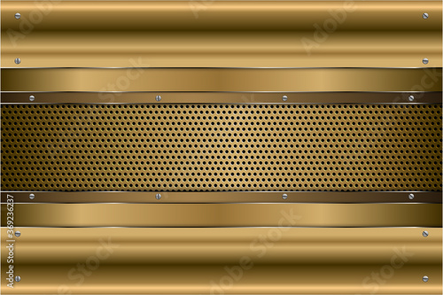  Metallic background.Gold and silver with screws on perforated texture. Luxury golden metal modern design.